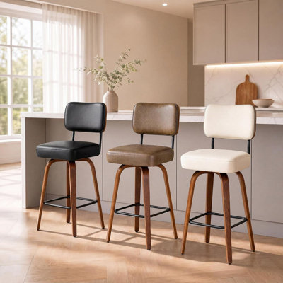 Set of 4 Counter Height Bar Stools, 26" Swivel Bar Stools with Back & Bentwood Legs, Faux Leather Upholstered Counter Stools for Kitchen Island