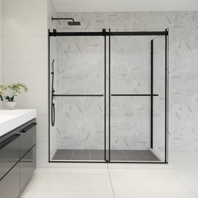 Cabine de douche à roulettes exposée sans cadre avec verre transparent l 68 po x H 76 po Belizzi