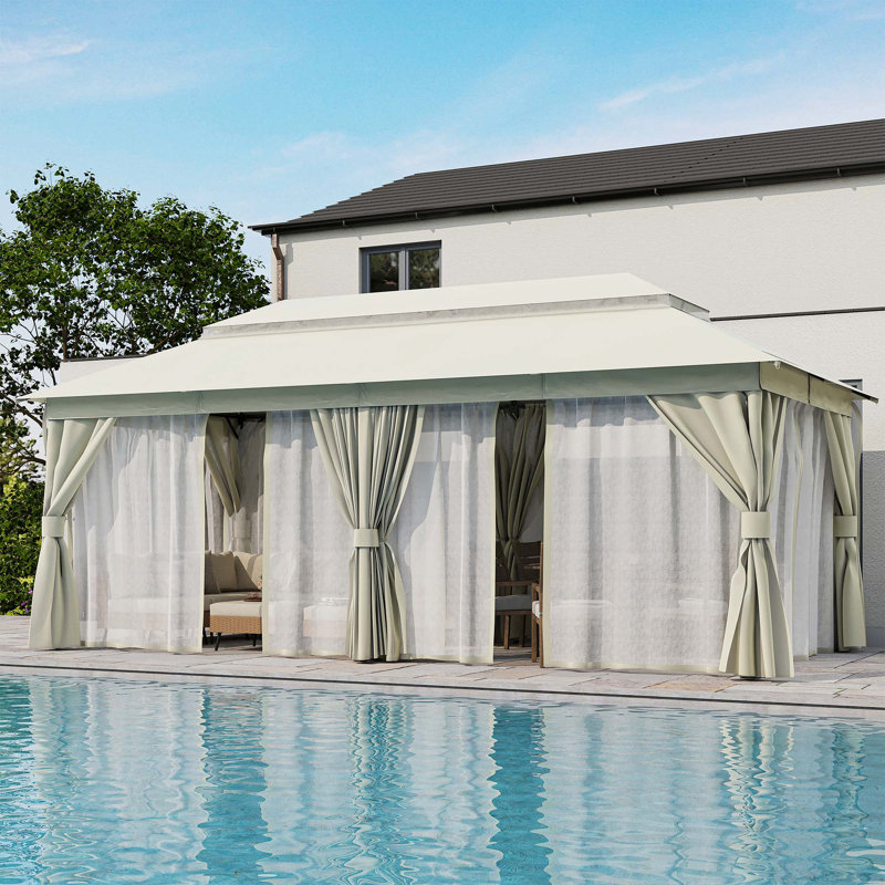 Creamy White Steel Patio Gazebo with Mosquito Netting and Curtains