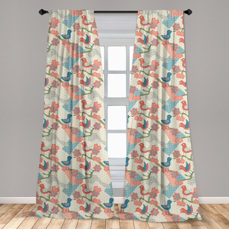 Blue and Salmon Floral Pattern Room Darkening Curtain Panel Pair