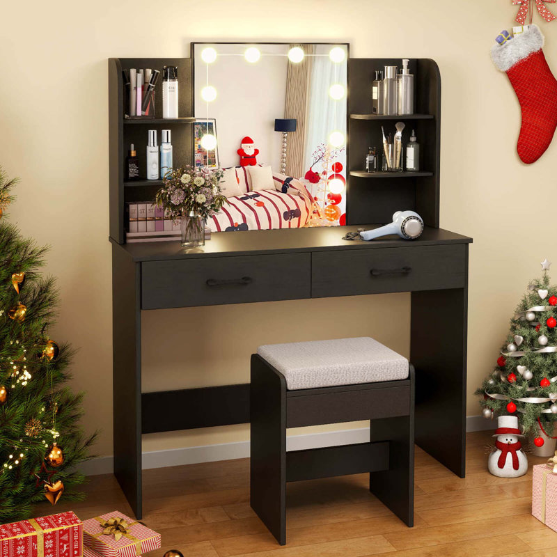 Makeup Vanity Desk With Lighted Mirror Charging Station 3-color Dimmable Led Lights , Black