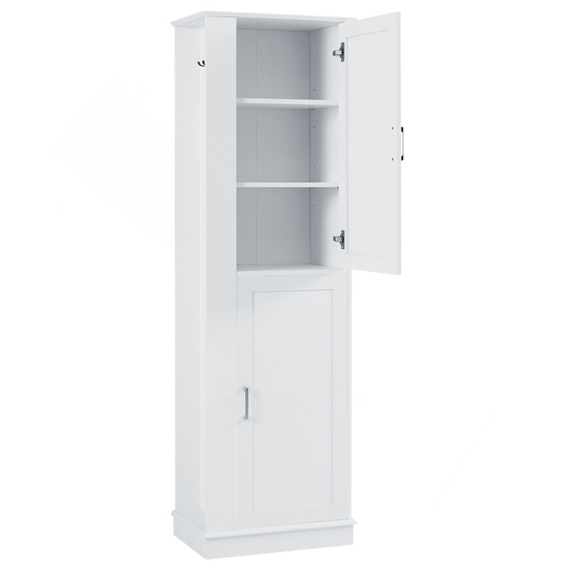 Grande armoire de rangement pour salle de bain, armoire de rangement autoportante avec crochet et tablette réglable, panneau de fibres à densité moyenne