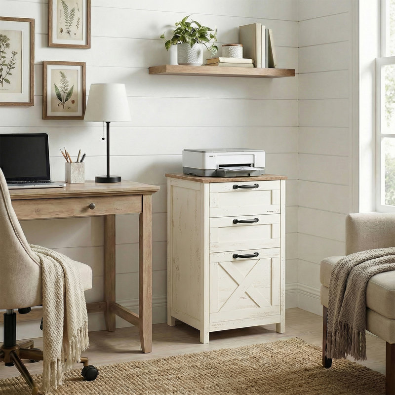File Cabinet, 3-Drawer Office Storage Cabinet, Adjustable Rail, Modern Farmhouse Printer Stand, White And Brown