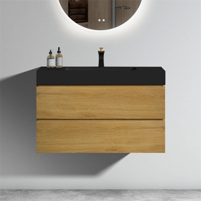Meuble-lavabo mural 36 po en chêne avec lavabo noir, grand meuble-lavabo flottant mural pour salle de bain moderne, lavabo une pièce noir sans drain, pré-assemblé