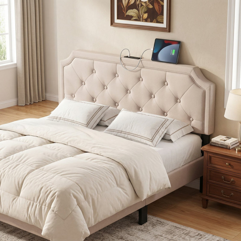 Queen/Full Size Universal Button Tufted Upholstered Headboard, Adjustable Mount Height & Soft Breathable Linen Fabric, Beige