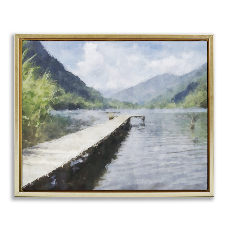 Cadre flottant Dappled Lake Dock, design par Kim Curationa, H 25 po x l 31 po, Cadre flottant métallique doré