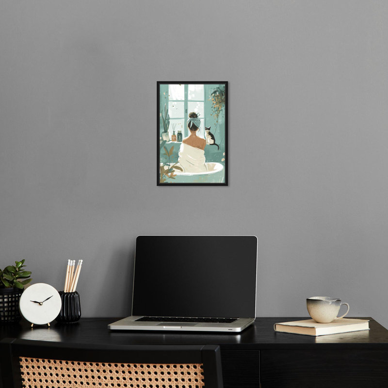 Art de salle de bain relaxant avec toile Kitty par Notoriart, Cadre noir, 16" H x 11" W