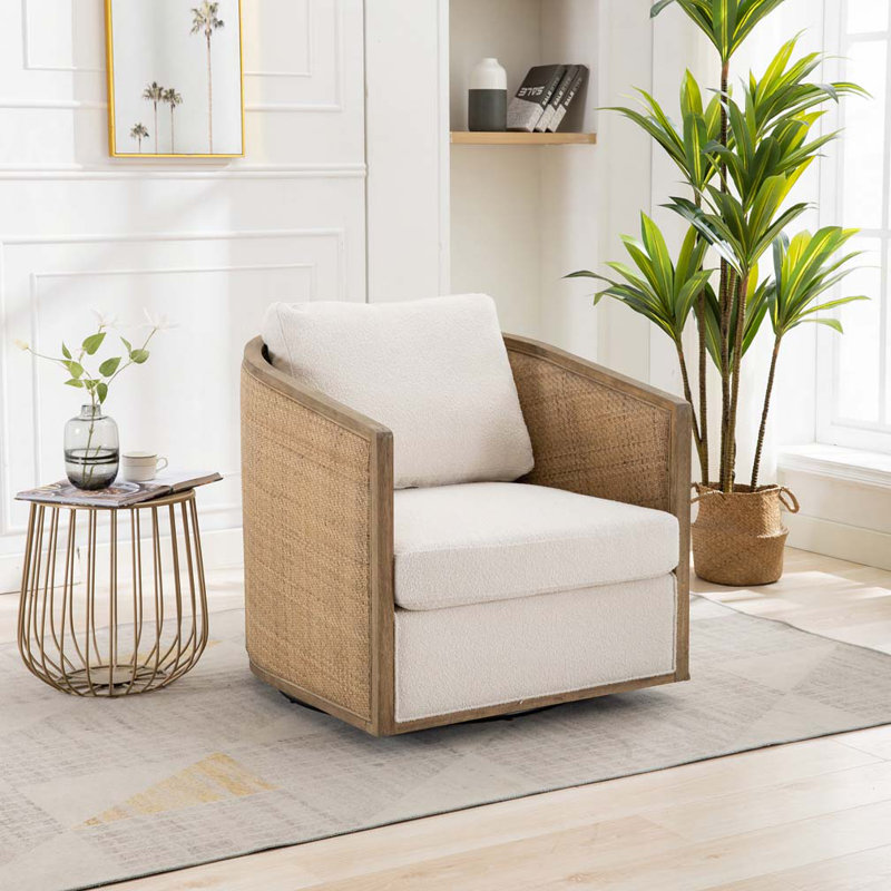 Fauteuil club pivotant en rotin sur 360 degrés, Beige Boucle
