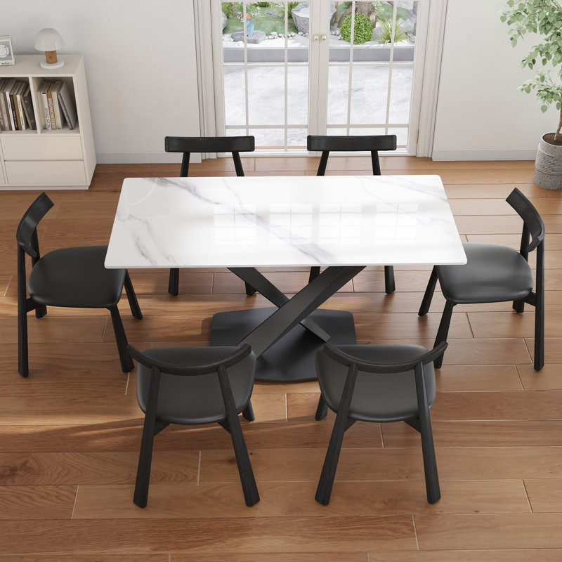 7-Piece Modern Rectangular Sintered Stone Dining Table Set With 6 Faux Leather Chairs, Black, Snow White