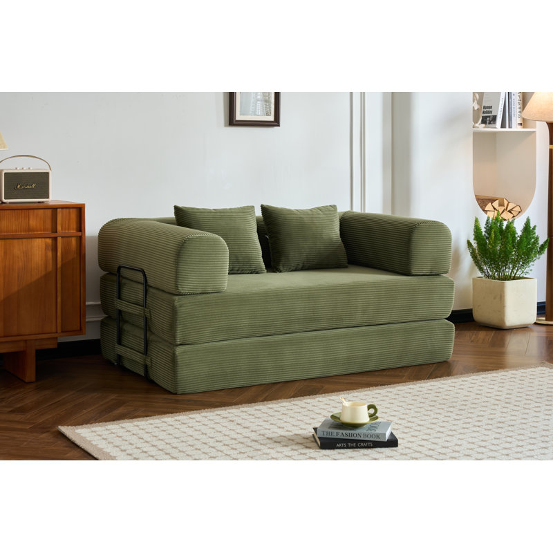 Canapé-lit convertible de 59 po avec oreiller cylindrique, canapé-lit pliant en velours côtelé avec structure de forme fixe, canapé-lit de salon pour chambre à coucher (vert)