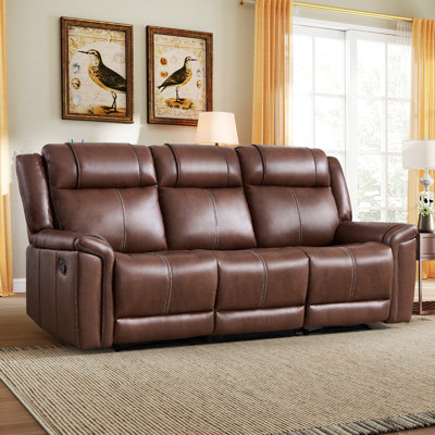 85'' Wide Modern and Overstuffed Vegan Leather Manual Reclining  Sofa With Wide Backrest