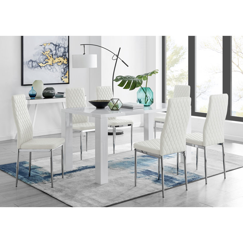 Scottsmoor Modern White Dining Table With 6 Luxury Faux Leather Dining Chairs, Elephant Grey, 100”H x	75”L x 	80”W
