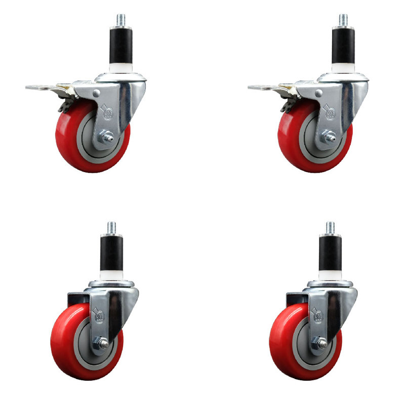 Ensemble de roulettes extensibles en polyuréthane pivotant 3,5 po 3,5 po - 1/8 po - 2 freins à verrouillage total, Rouge