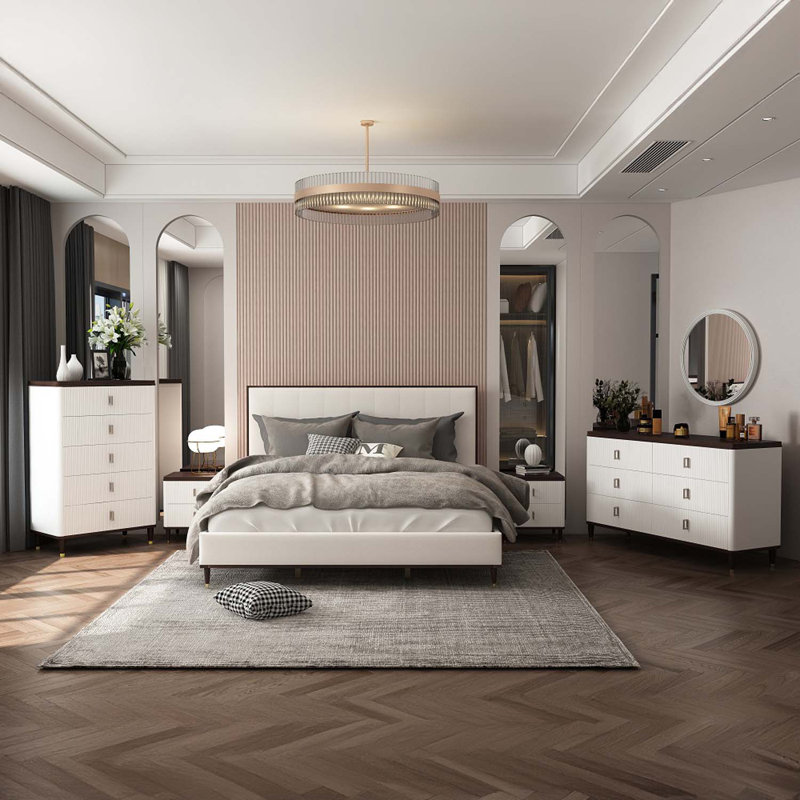 Très grand lit Carena, tissu gris clair et finition blanche et brune, Très grand