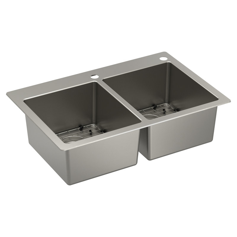 Évier de cuisine à double cuve en acier inoxydable à double installation avec grille de fond 33 po x 22 po Prep 1800 Series