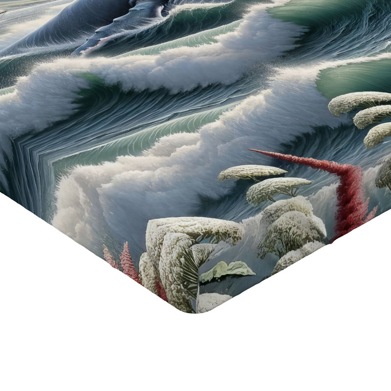 Drap-housse nautique Ambesonne_ Montagnes de baleines et bateau_ Bleu-vert et rubis, Drap-housse de taille très grand