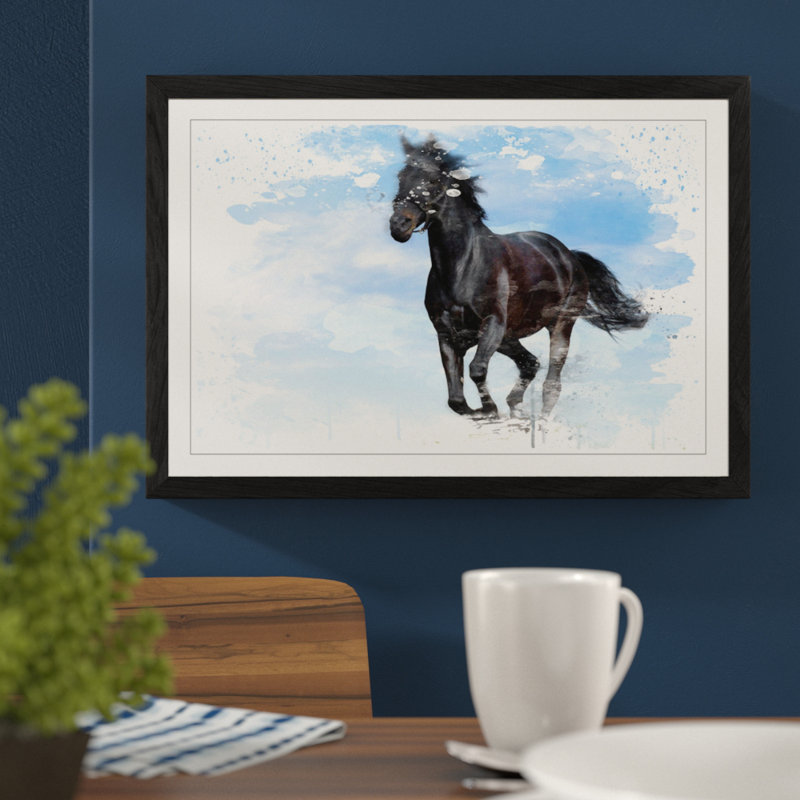 Black Horse Running - Wall Art, 45cm H x 62cm W, Framed Picture