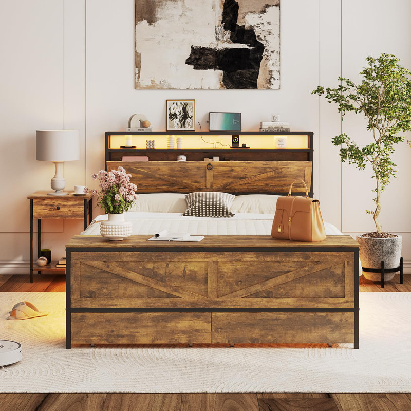 Bed Frame With Storage Ottoman And 2 Drawers, Full, Brown