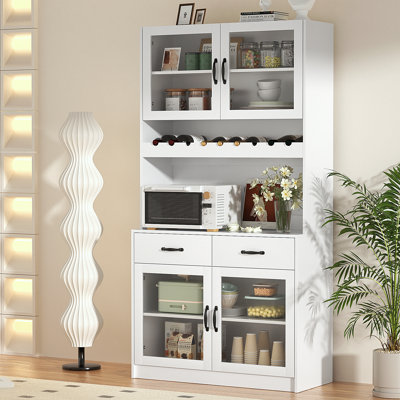71" Kitchen Hutch Storage Cabinet With Glass Doors And Wine Cupboard