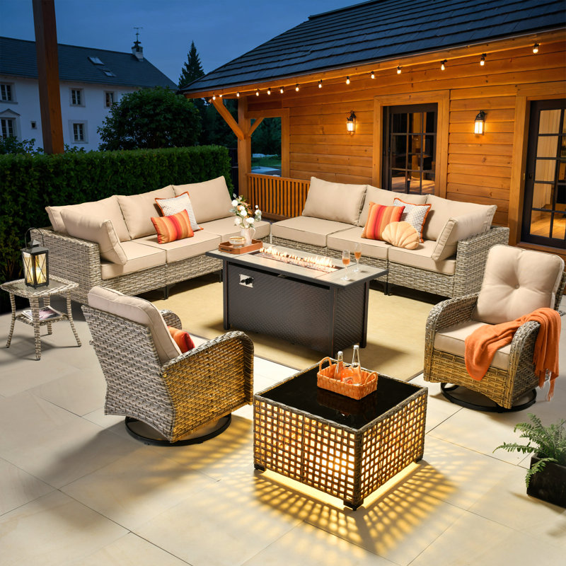 Emroy 8 - Person Reversible Modular Outdoor Conversation Set,Wicker Patio Seating Group with Lighted Coffee Table, All Weather Swivel Chair Set with Cushions