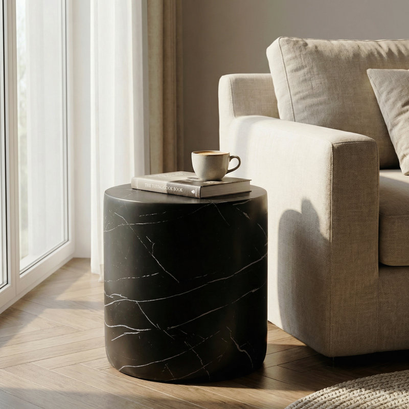 Table d'appoint / de table d'extérieur en béton léger MGO pour l'extérieur, marbre noir, 16" H x 15.5" W x 15.5" D