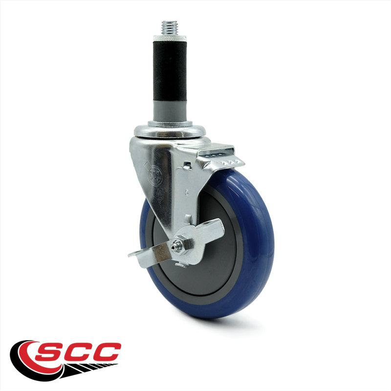 5 Inch Polyurethane Wheel Swivel 1-1/8 Inch Expanding Stem Caster Set Brake, Blue