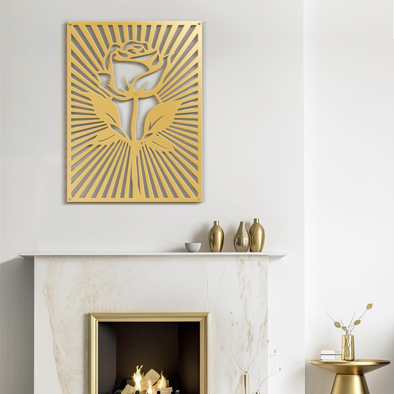 Décoration murale décorative abstraite murale fleur et rayures minimaliste moderne, H 36 po x l 26,87 po x P 0,05 po, Or