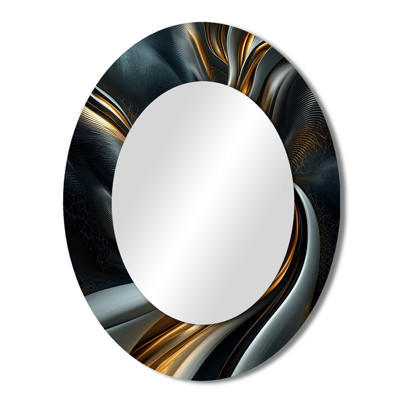 Tourbillon abstrait dans des tons d'or et de noir II - miroir mural ovale moderne doré, 43 po x 33 po
