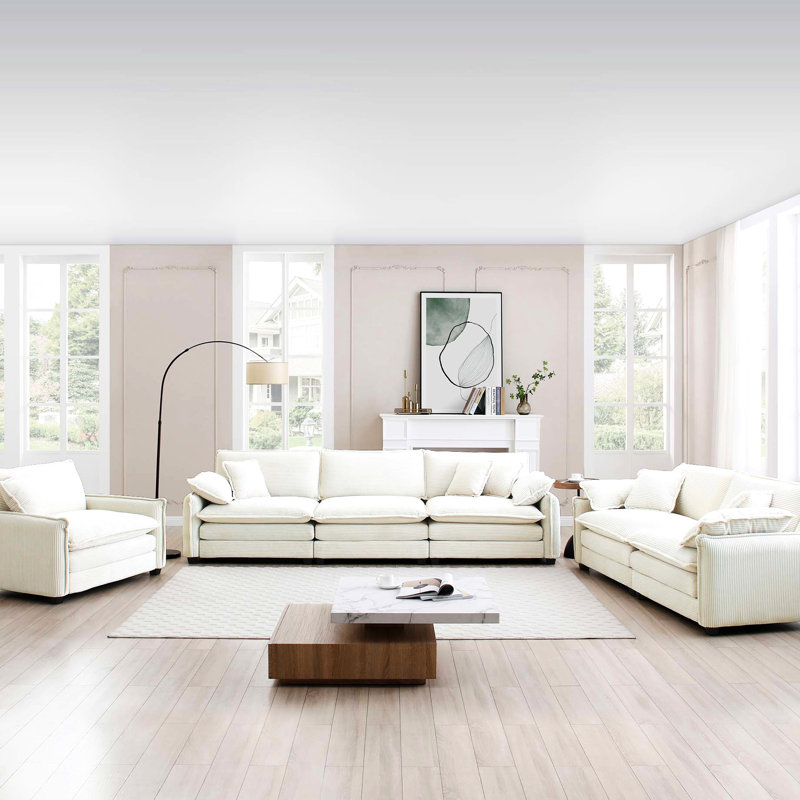 Canapé modulaire confortable en velours côtelé beige - Confort supplémentaire avec coussins décoratifs 3 pièces amovibles