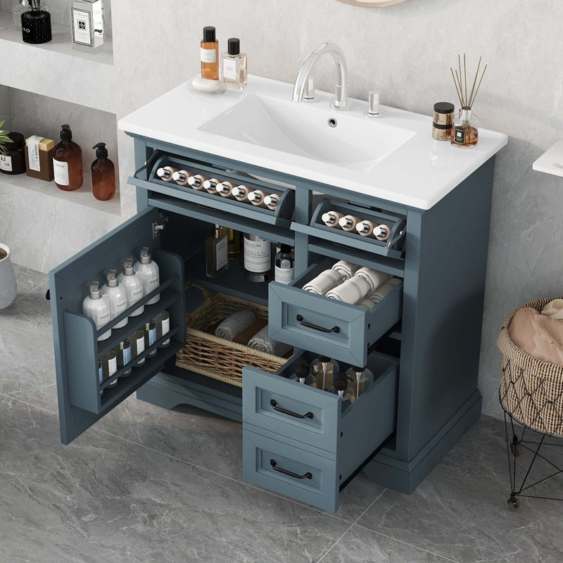 Meuble-lavabo 36 po avec lavabo, lavabo en céramique, 2 tiroirs basculants, charnières de porte à fermeture en douceur, Noir