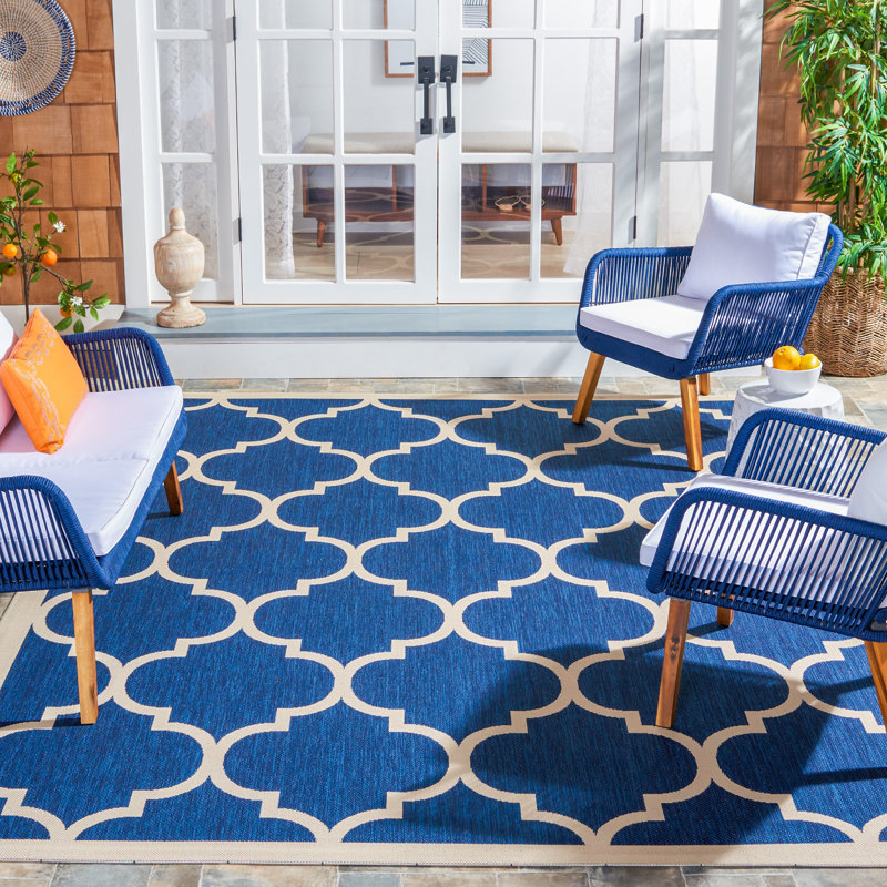 Courtyard Performance Geometric Indoor/Outdoor Area Rug, Rectangle 8' x 11', Beige/Navy