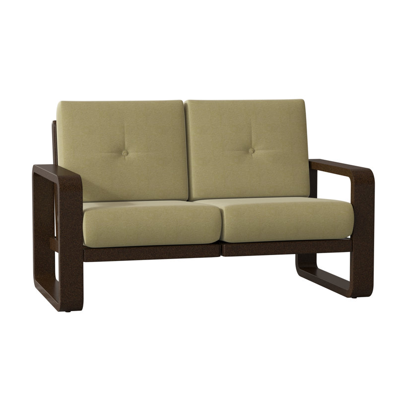 Vale 58.5'' Wide Aluminum Loveseat with Cushions, Denver Scarlett Sunbrella®, Chestnut Brown