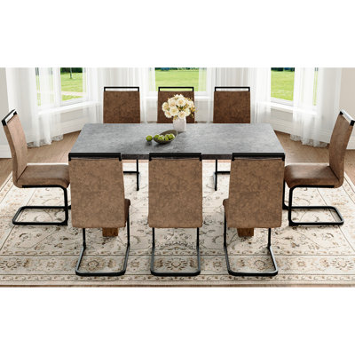 Table et 8 chaises pour salle à manger - tissu brun, pieds noirs