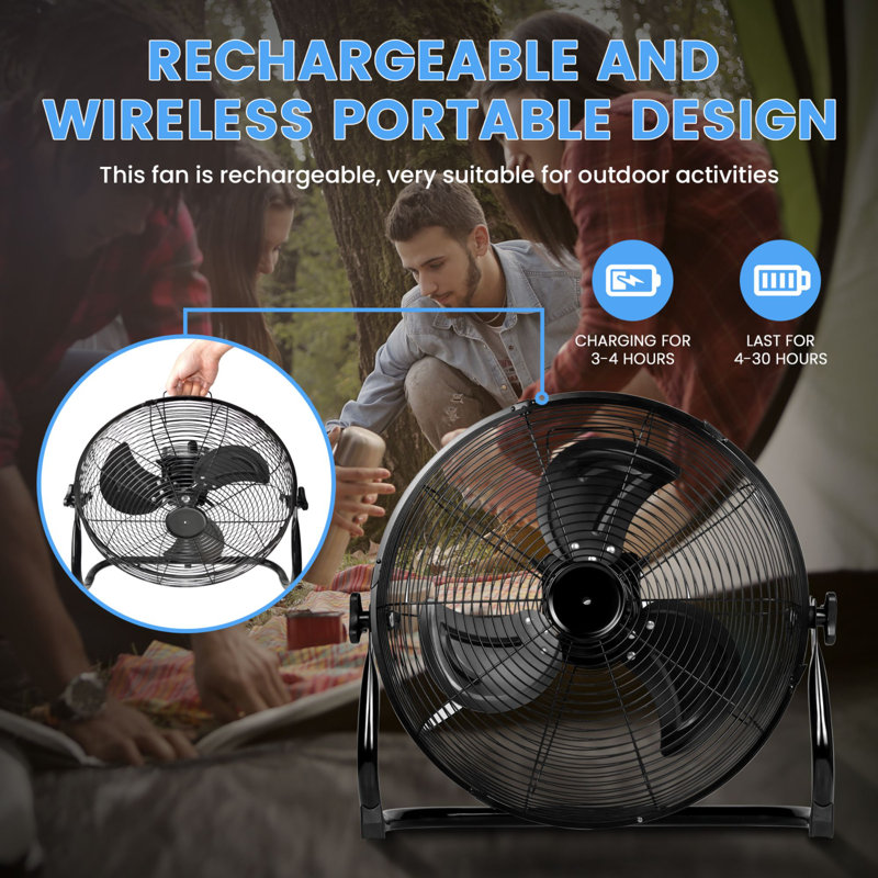 Rechargeable Battery Powered Variable Speed Fan Adjustable Tilt with 5V USB Output for Outdoor Use, 16"