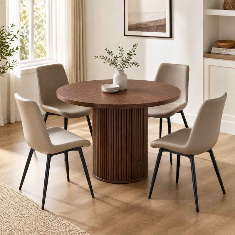 Ensemble de table de salle à manger 5 pièces en noyer avec piédestal caché, Beige clair