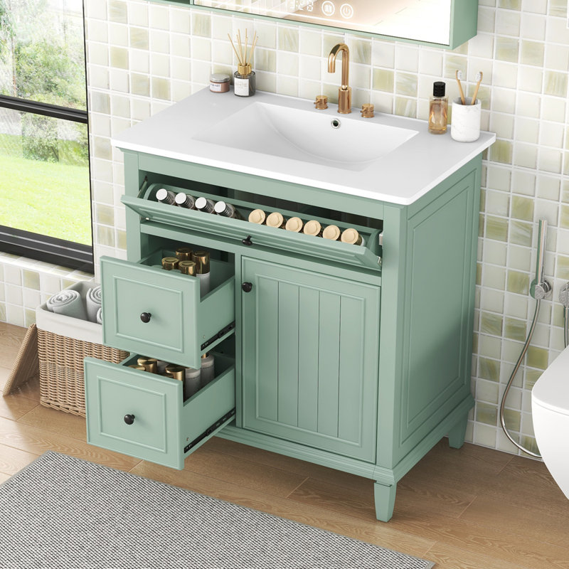 30" Bathroom Vanity with Sink and Adjustable Storage, Green