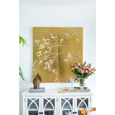 2 panneaux d'art mural cerisiers en fleurs scintillants, 21,3 x 47,2 pouces, pour le salon, la chambre à coucher, le bureau, la salle à manger inspirée de la nature, or et rose