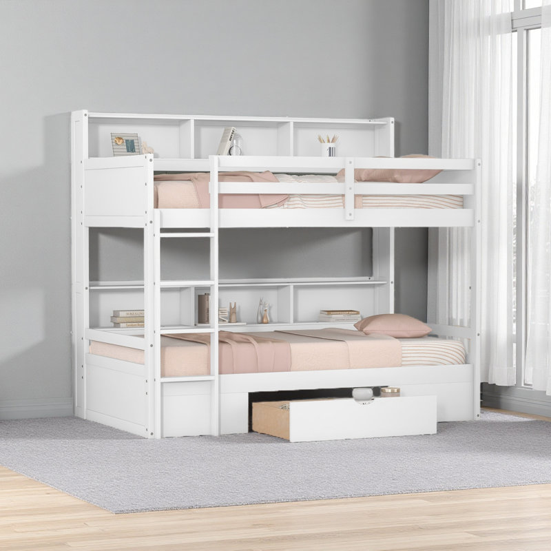 Lit superposé simple avec tablettes intégrées à côté des lits supérieur et inférieur et tiroir de rangement, Blanc