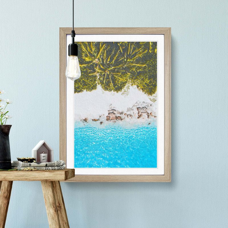 Palm Trees by the Beach in the Maldives - Picture Frame Painting Print on MDF, Oak Framed, 48cm H x 36cm W x 2cm D