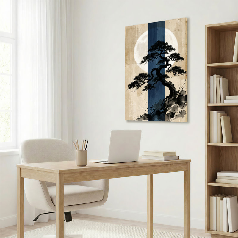 Tableau sur toile tendue représentant un pin japonais et la pleine lune (1 pièce), H 36 po x l 24 po