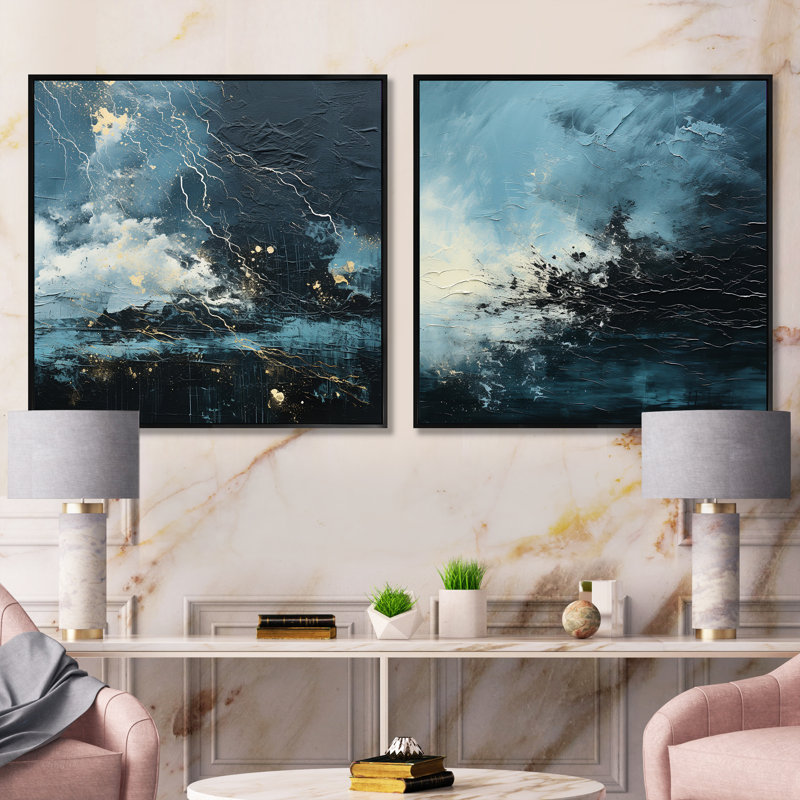"Minimalisme noir et bleu ouragan" 2 pièces, Cadre flottant noir, H 16 po x l 33 po