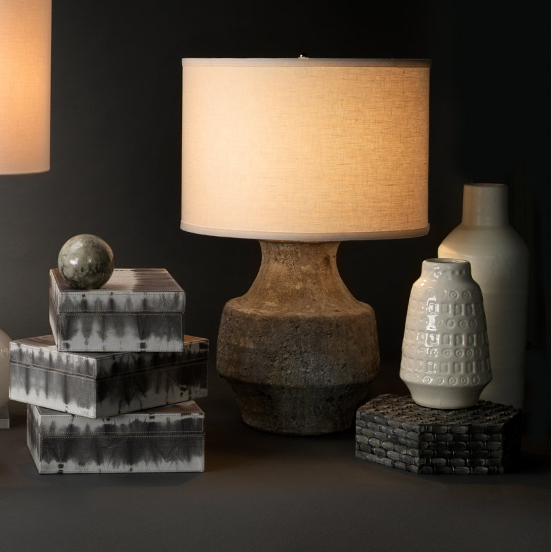 Aged Grey Ceramic Table Lamp with White Linen Shade