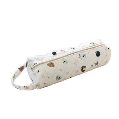 Quilted Fabric Stationery Pouch Cute Puppy Print Portable Zipper Stationery Storage Bag with Handle for School Supplies