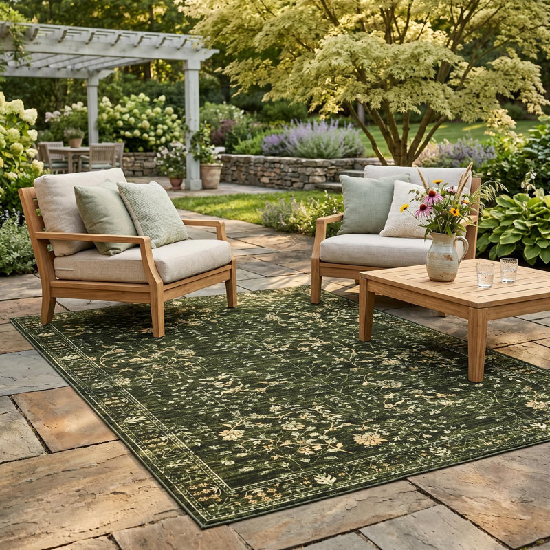5x7 Vintage Retro Boho Area Rug. Machine Washable Low Pile Living Room Carpet with Non-Slip TPR Backing. Pet Friendly Boho Rug for Bedroom and Dining Room, Green