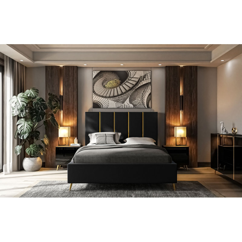 Upholstered Bed Ajhar with Storage, Black, European Double (140 x 200cm)
