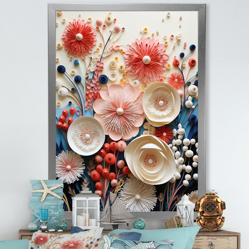 Fleurs de corail abstraites rouges et blanches - reproduction sur toile, H 40 po x l 30 po x P 1,5 po, Cadre simple argenté