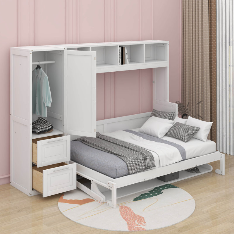 Lit escamotable double avec placard et tiroirs, Blanc