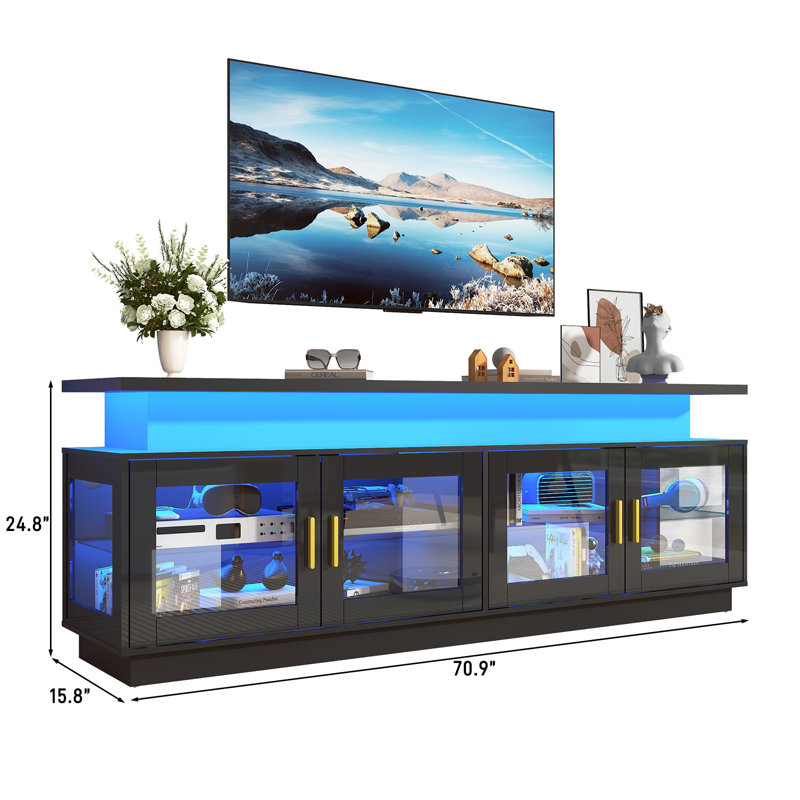 71" High Gloss TV Stand with Power Outlet and LED Light for TVs up to 80", Black