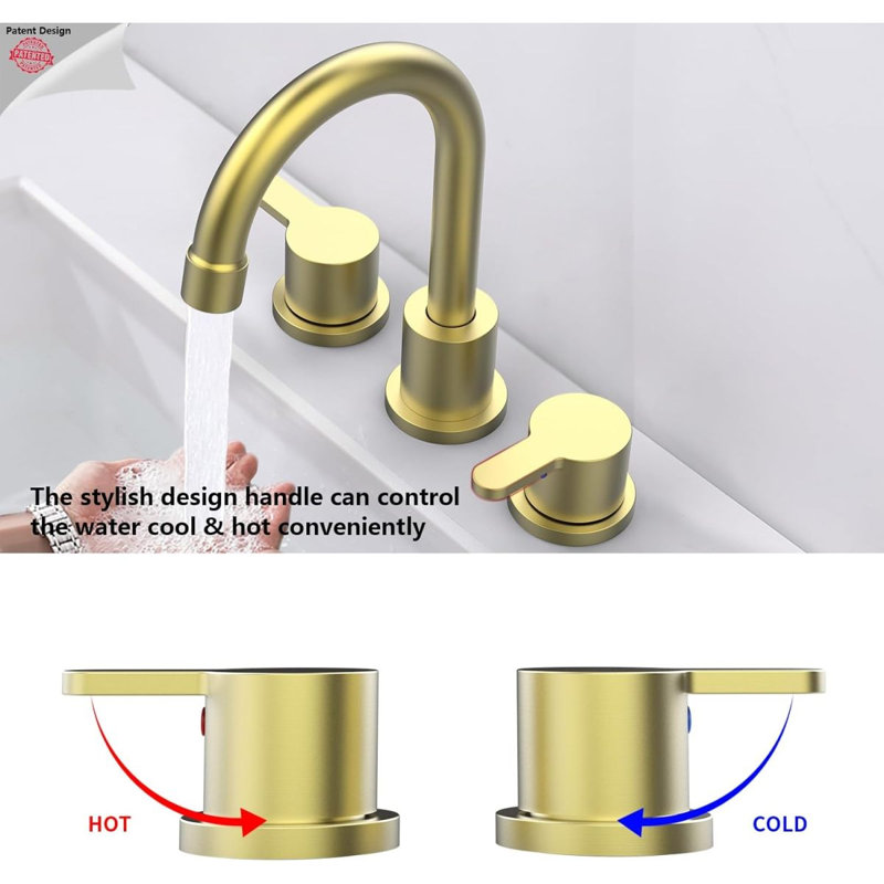 Widespread Bathroom Sink Faucet Brushed Gold 2 Handle 8 Inch Lavatory Faucet 3 Hole 360° Swivel Spout Vanity Sink Basin Faucets With Pop Up Drain Assembly