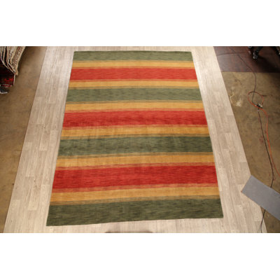 Tapis unique en laine noué à la main Gabbeh nouvel âge vert / rouge / jaune 9 pi 1 po x 12 pi 2 po Noelany